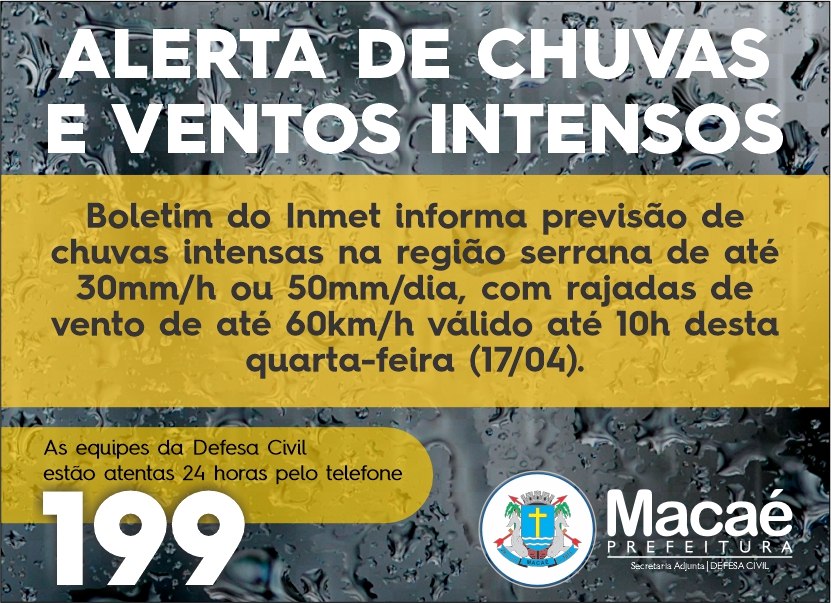 Defesa Civil informa sobre previsão de chuva até esta quarta