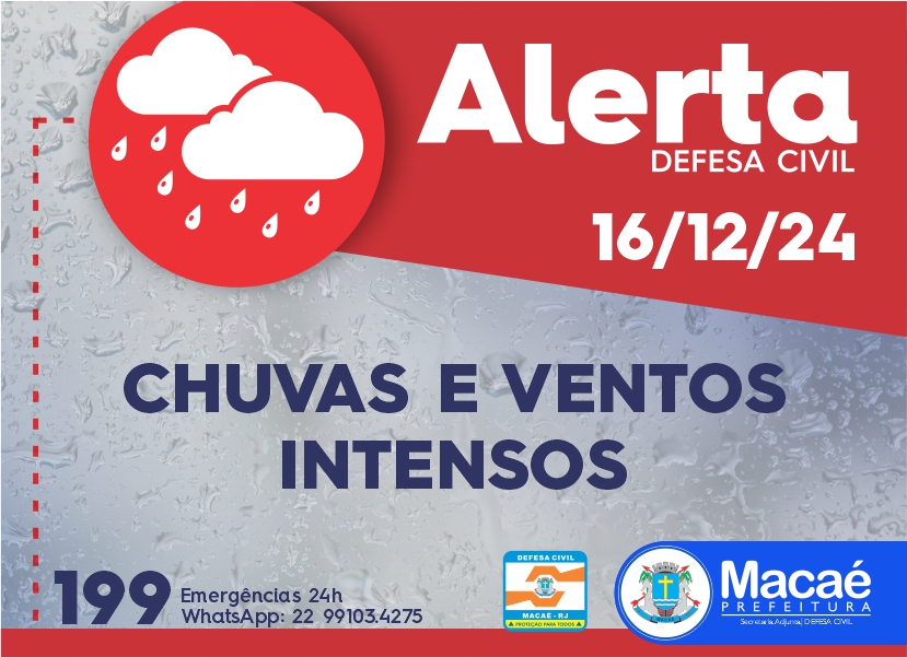 Defesa Civil alerta para possibilidade de pancadas de chuvas fortes com ventos intensos